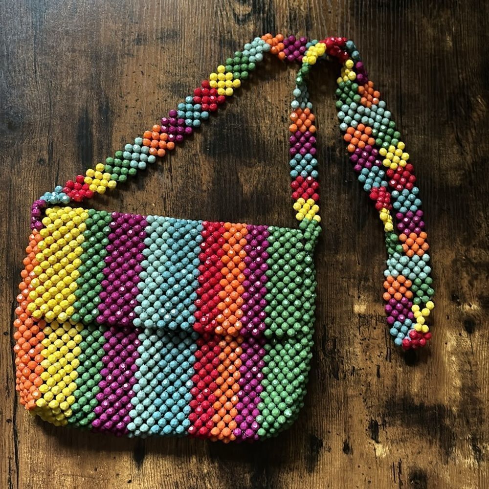 1970’s Cynthia Rowley Rainbow Stripe Beaded Multicolor Crossbody Ba.g